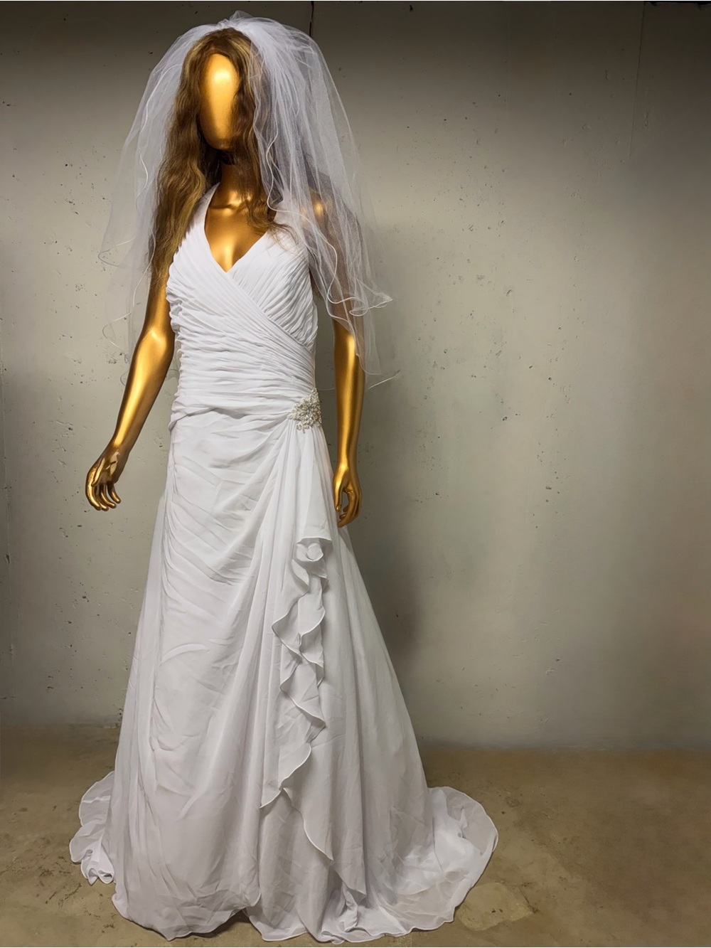 White V-Neck Ruched Wedding Gown with Side Ruffle